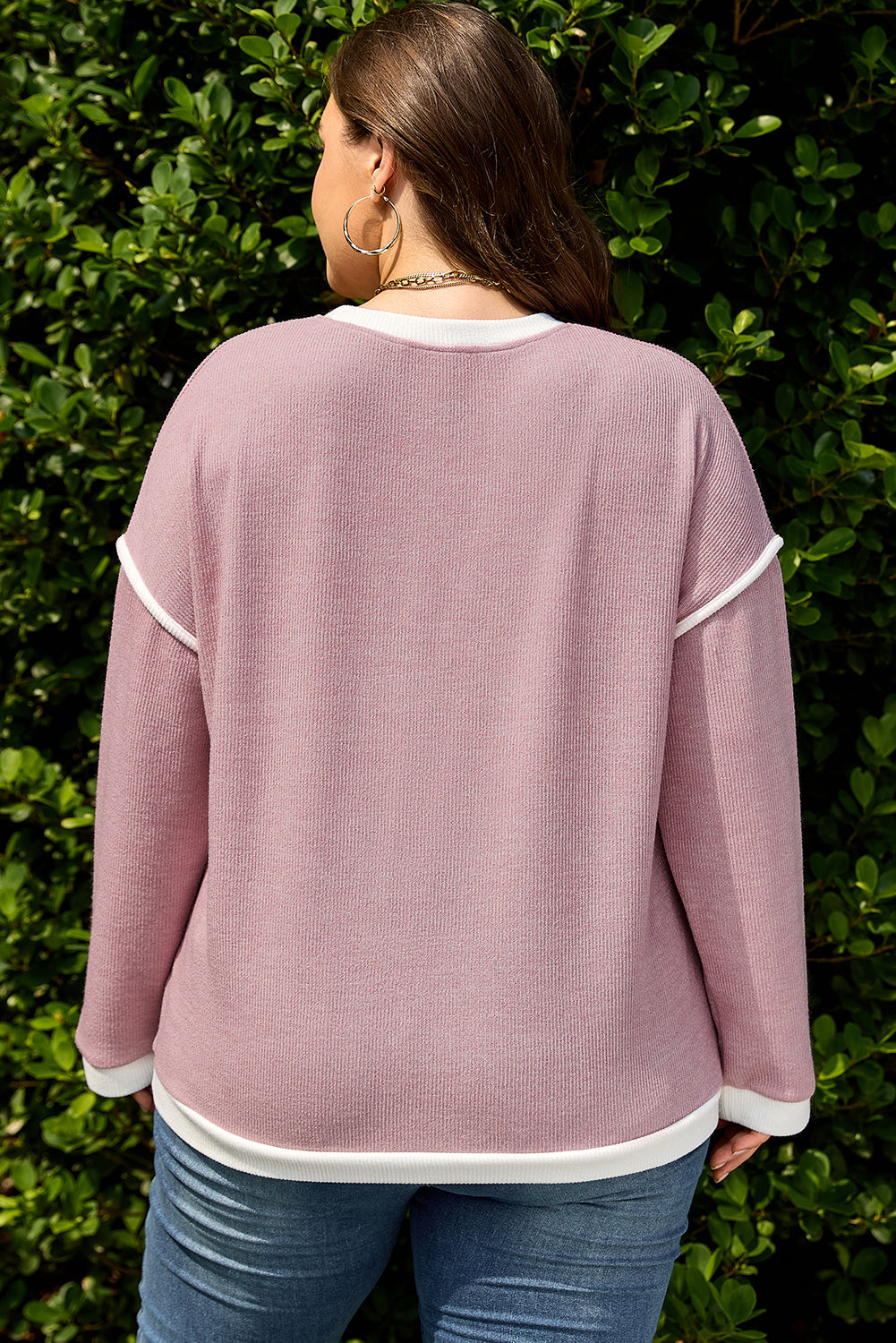 Light Pink Trim Knitted Drop Shoulder Top Plus Size Dear-Lover Dropshipping